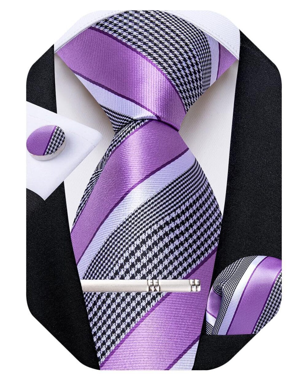 2654 Striped Tie Silk Woven Necktie and Pocket Square Cufflinks Tie Clip